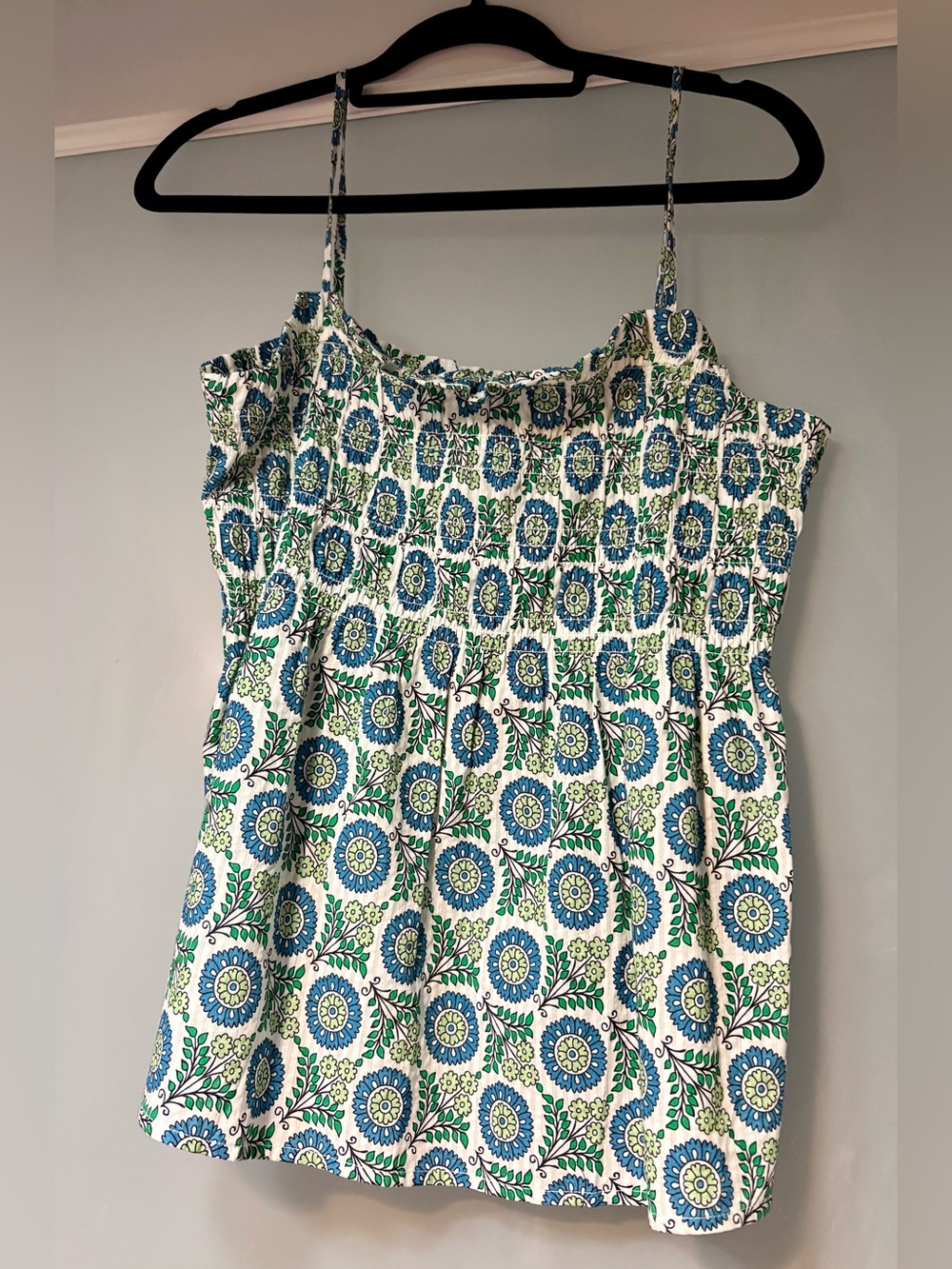NWT Boden Smocked Floral Print Spaghetti Strap Top in Blue & Green